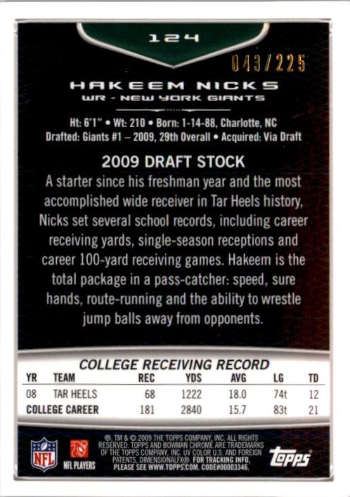2009 Bowman Chrome Rookies Bronze #124 Hakeem Nicks back image