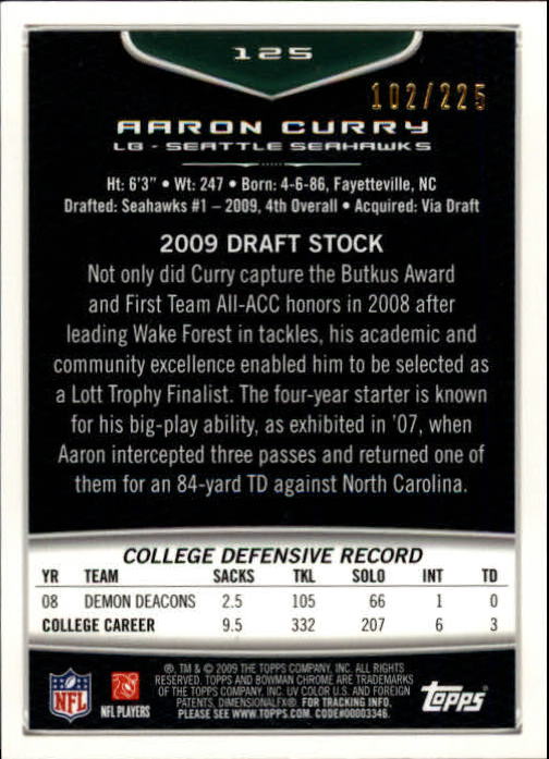 2009 Bowman Chrome Rookies Bronze #125 Aaron Curry back image