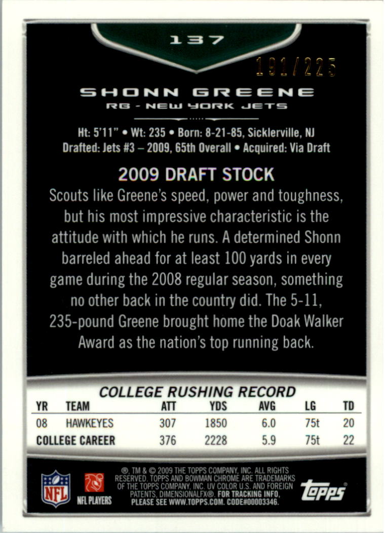 2009 Bowman Chrome Rookies Bronze #137 Shonn Greene back image