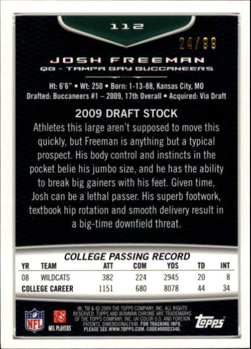 2009 Bowman Chrome Rookies Silver #112 Josh Freeman back image