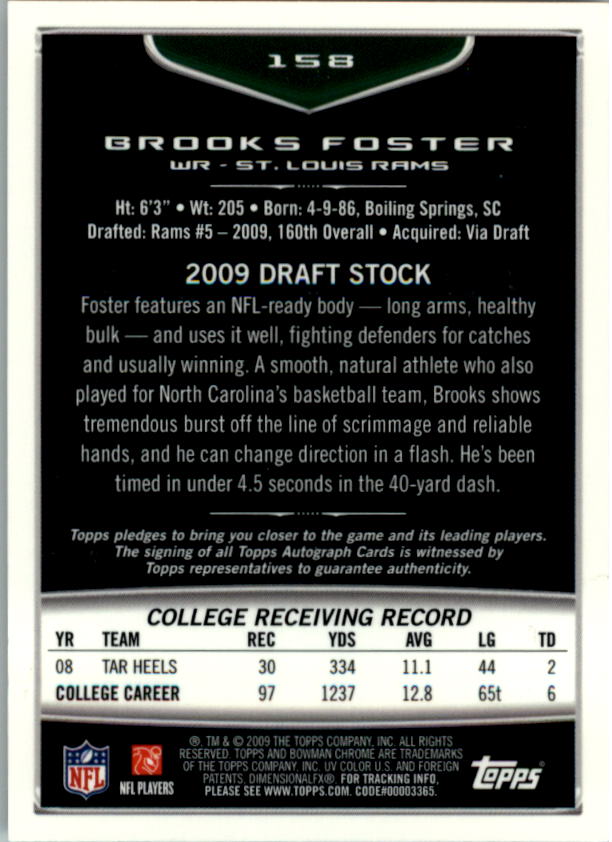 2009 Bowman Chrome Rookie Autographs #158 Brooks Foster E back image