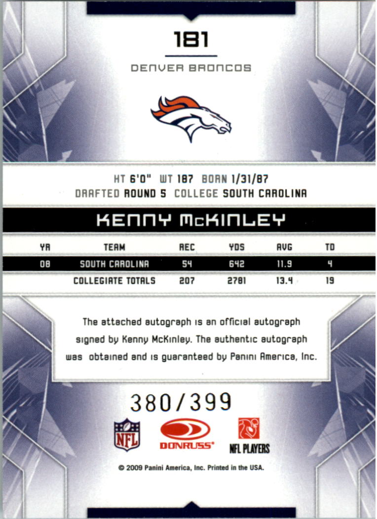 2009 Limited #181 Kenny McKinley AU/399 RC back image