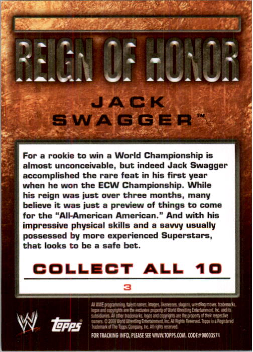 2009 Topps WWE Reign of Honor #3 Jack Swagger back image