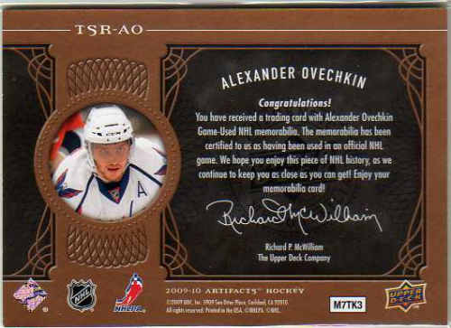 2009-10 Artifacts Treasured Swatches Retail #TSRAO Alexander Ovechkin back image
