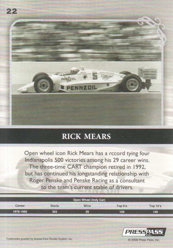 2009 Press Pass Legends #22 Rick Mears back image