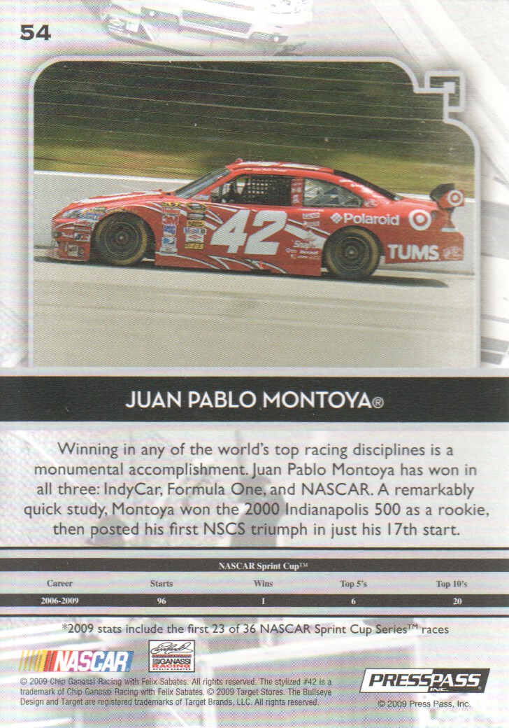 2009 Press Pass Legends #54 Juan Pablo Montoya back image