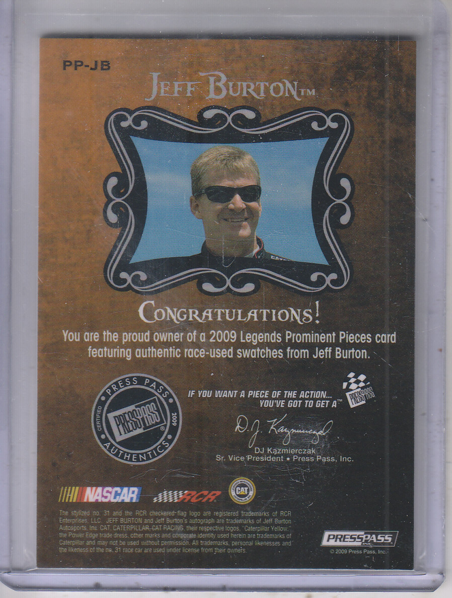 2009 Press Pass Legends Prominent Pieces Bronze #PPJB Jeff Burton back image