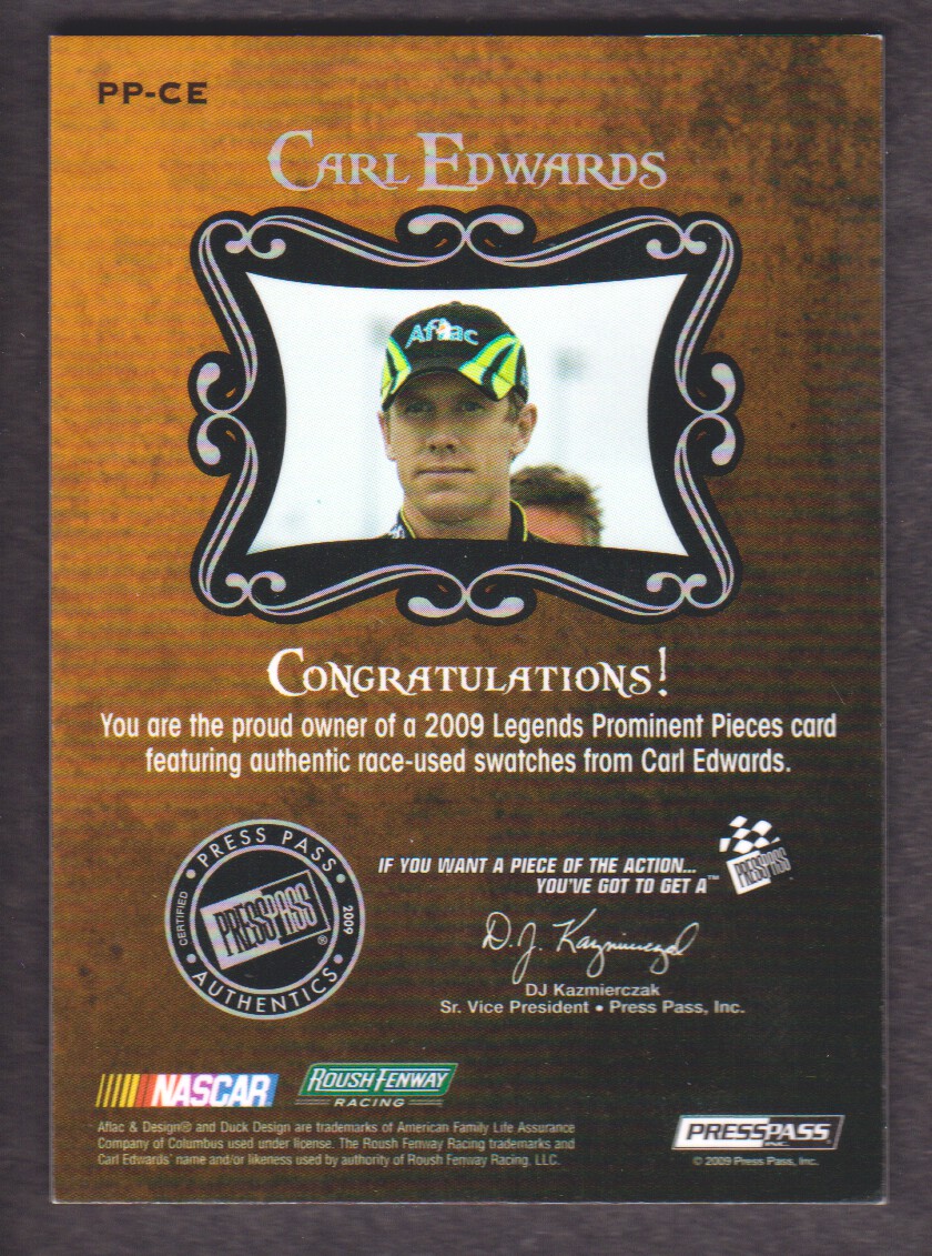 2009 Press Pass Legends Prominent Pieces Bronze #PPCE Carl Edwards back image