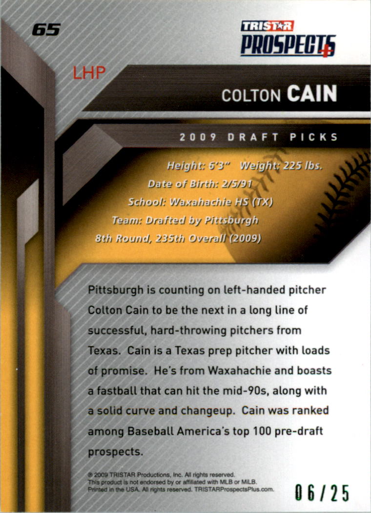 2009 TRISTAR Prospects Plus Green #65 Colton Cain back image