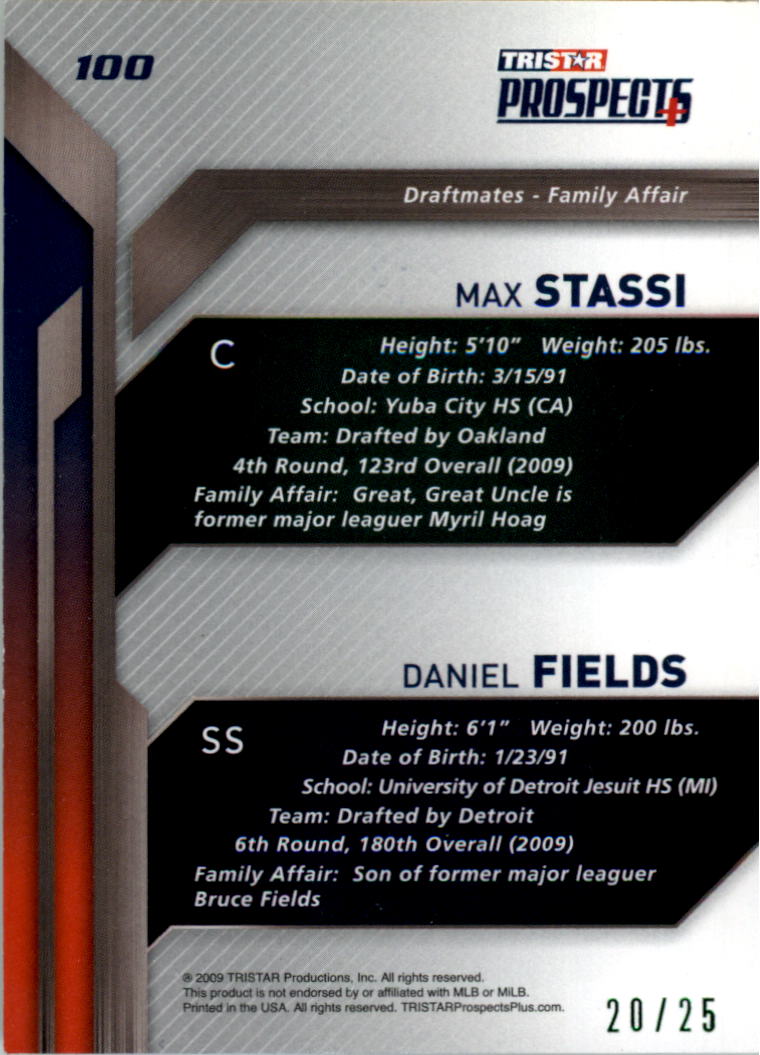 2009 TRISTAR Prospects Plus Green #100 Max Stassi/Daniel Fields back image