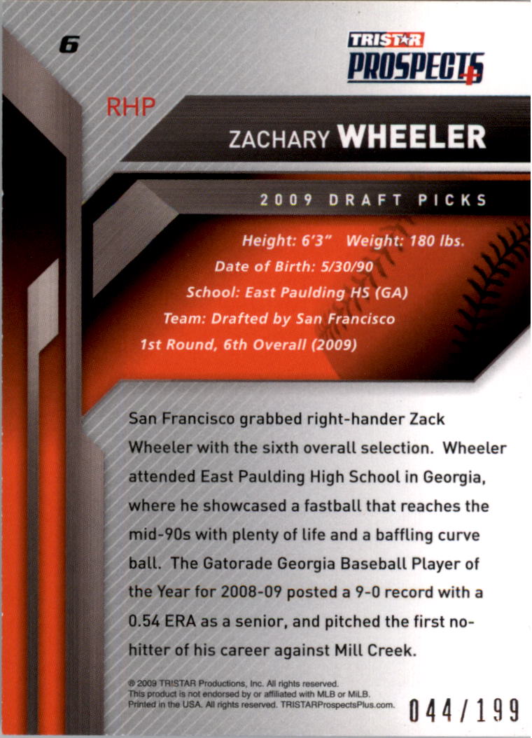 2009 TRISTAR Prospects Plus Autographs #6 Zachary Wheeler back image