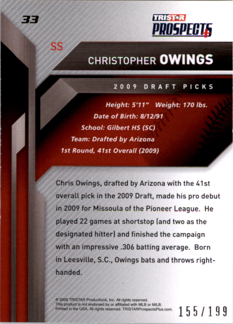 2009 TRISTAR Prospects Plus Autographs #33 Christopher Owings back image