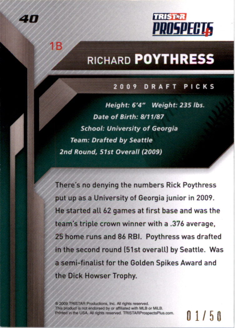 2009 TRISTAR Prospects Plus Autographs #40 Richard Poythress back image