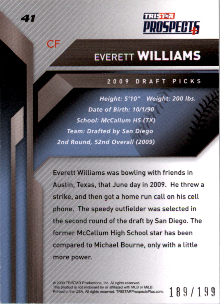 2009 TRISTAR Prospects Plus Autographs #41 Everett Williams back image