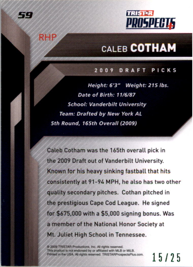 2009 TRISTAR Prospects Plus Autographs Green #59 Caleb Cotham back image
