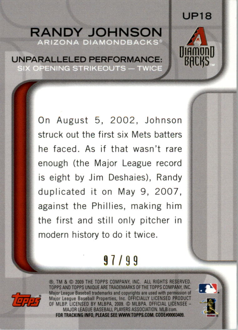 2009 Topps Unique Unparalleled Performances Bronze #UP18 Randy Johnson back image