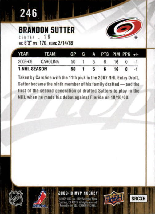 2009-10 Upper Deck MVP Gold Script #246 Brandon Sutter back image