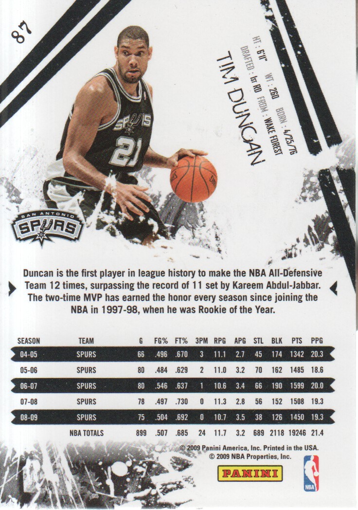 2009-10 Rookies and Stars Longevity #87 Tim Duncan back image