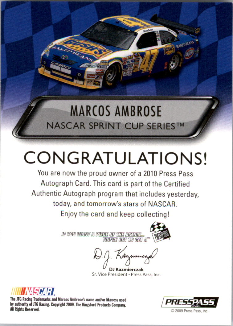 2010 Press Pass Autographs #3 Marcos Ambrose back image