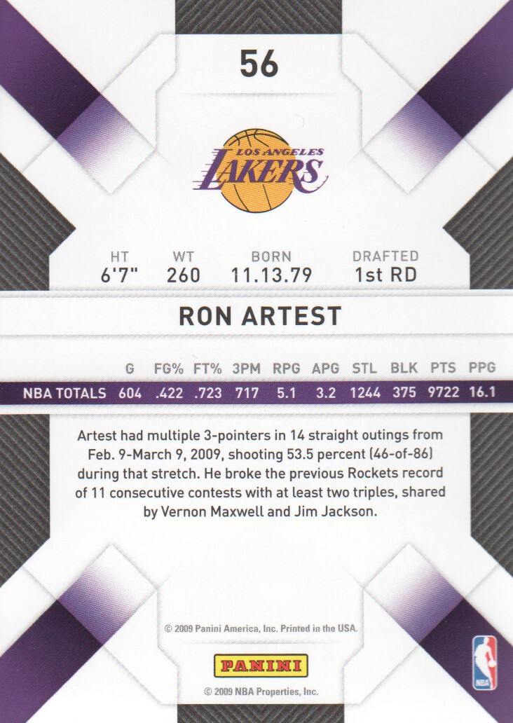 2009-10 Panini Threads #56 Ron Artest back image