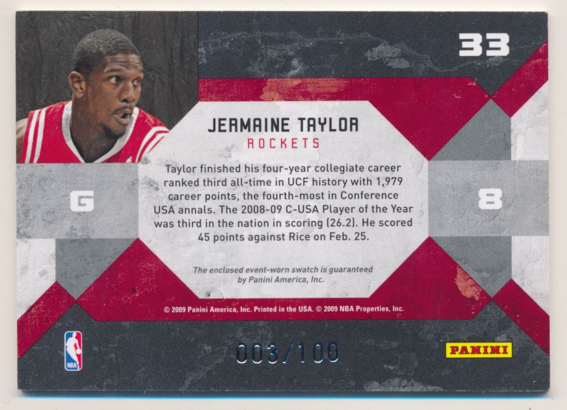 2009-10 Panini Threads Rookie Preview Jerseys #33 Jermaine Taylor back image