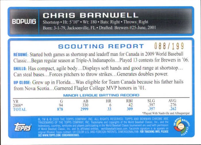 2009 Bowman Chrome Draft WBC Prospects X-Fractors #BDPW16 Chris Barnwell back image