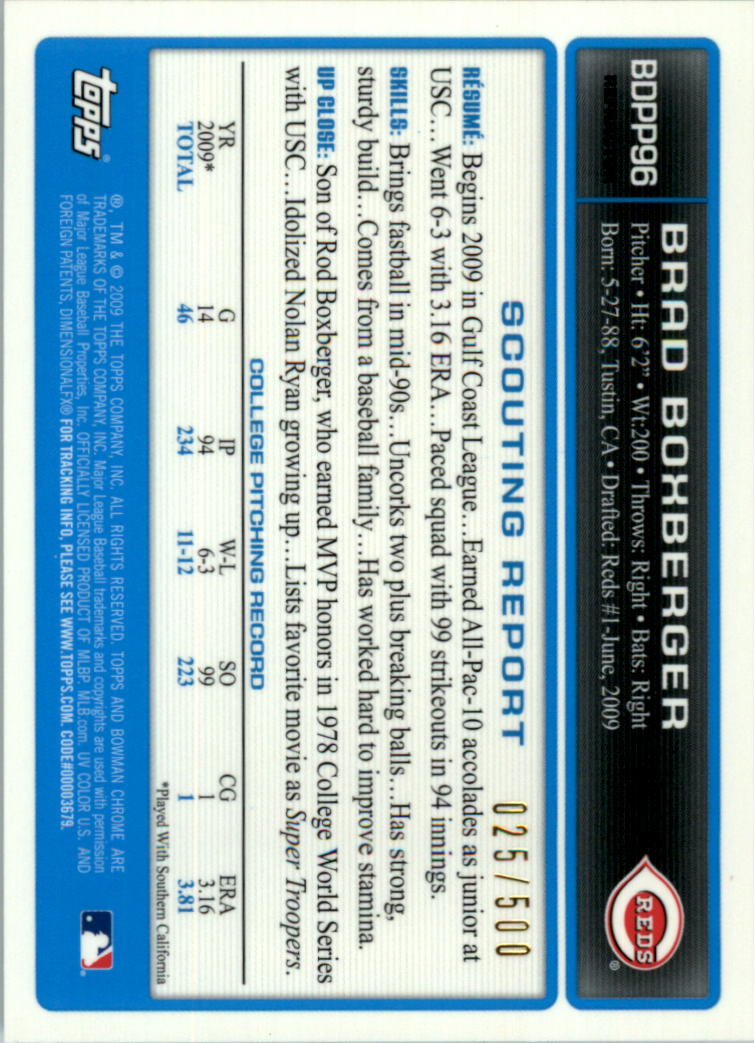 2009 Bowman Chrome Draft Prospects Refractors #BDPP96 Brad Boxberger AU back image