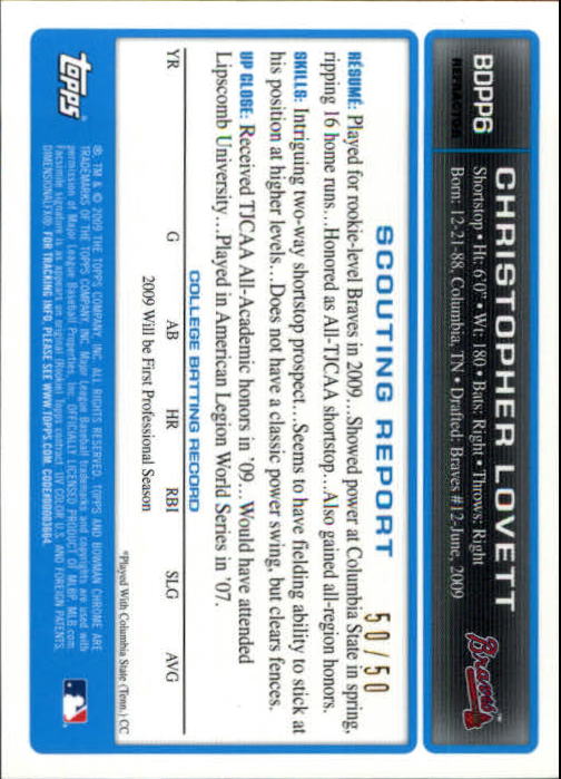 2009 Bowman Chrome Draft Prospects Gold Refractors #BDPP6 Christopher Lovett