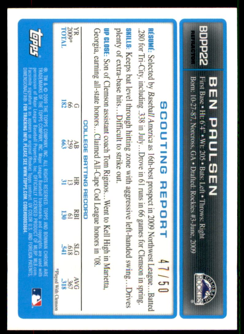2009 Bowman Chrome Draft Prospects Gold Refractors #BDPP22 Ben Paulsen