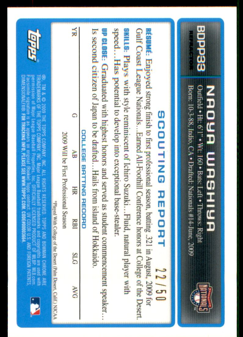 2009 Bowman Chrome Draft Prospects Gold Refractors #BDPP33 Naoya Washiya