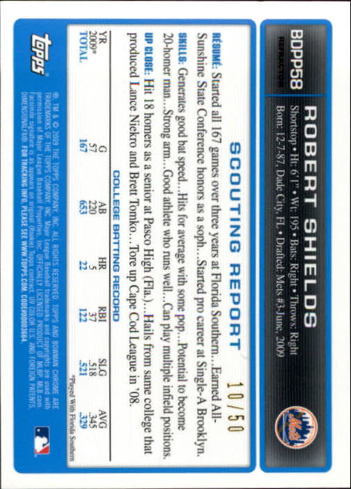 2009 Bowman Chrome Draft Prospects Gold Refractors #BDPP58 Robert Shields