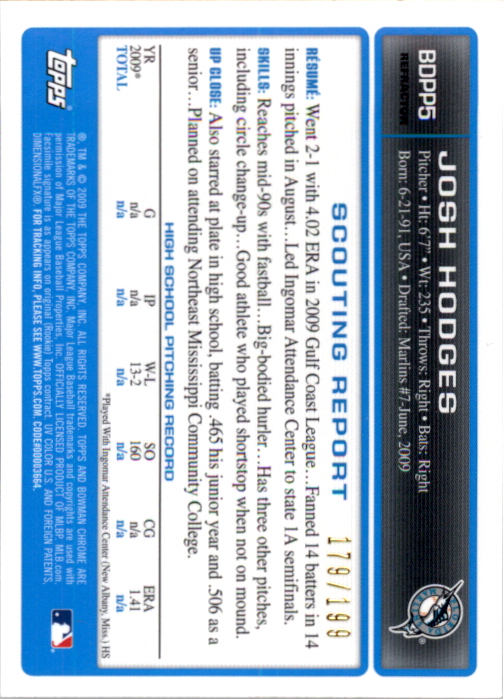 2009 Bowman Chrome Draft Prospects X-Fractors #BDPP5 Josh Hodges