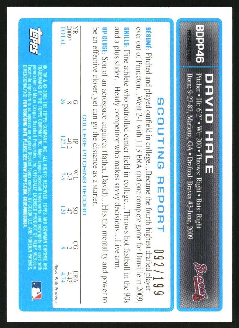 2009 Bowman Chrome Draft Prospects X-Fractors #BDPP46 David Hale