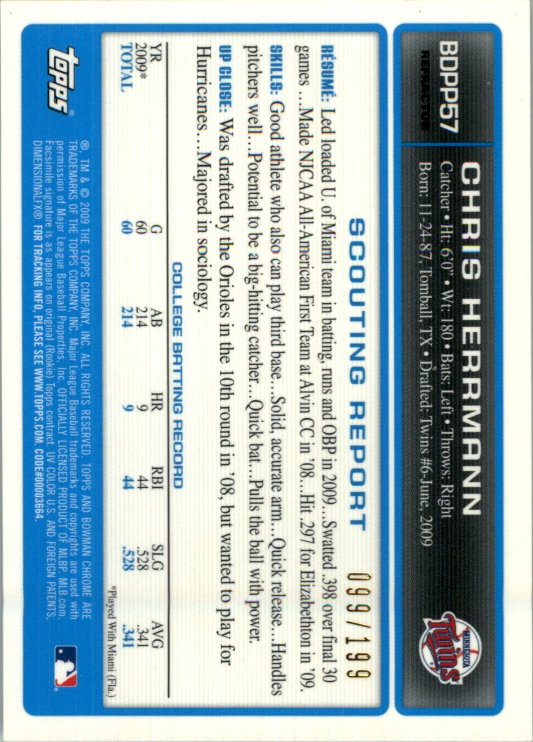 2009 Bowman Chrome Draft Prospects X-Fractors #BDPP57 Chris Herrmann