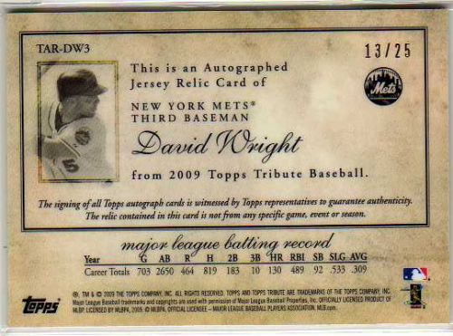 2009 Topps Tribute Autograph Relics Gold #DW3 David Wright back image