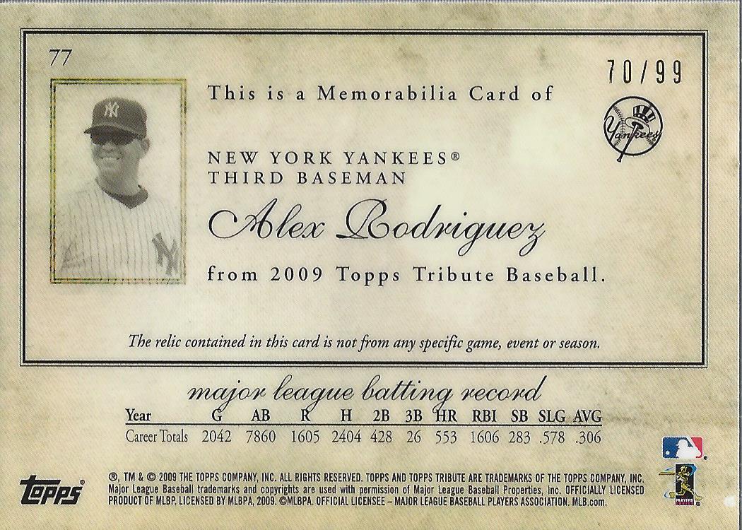2009 Topps Tribute Relics #77 Alex Rodriguez back image