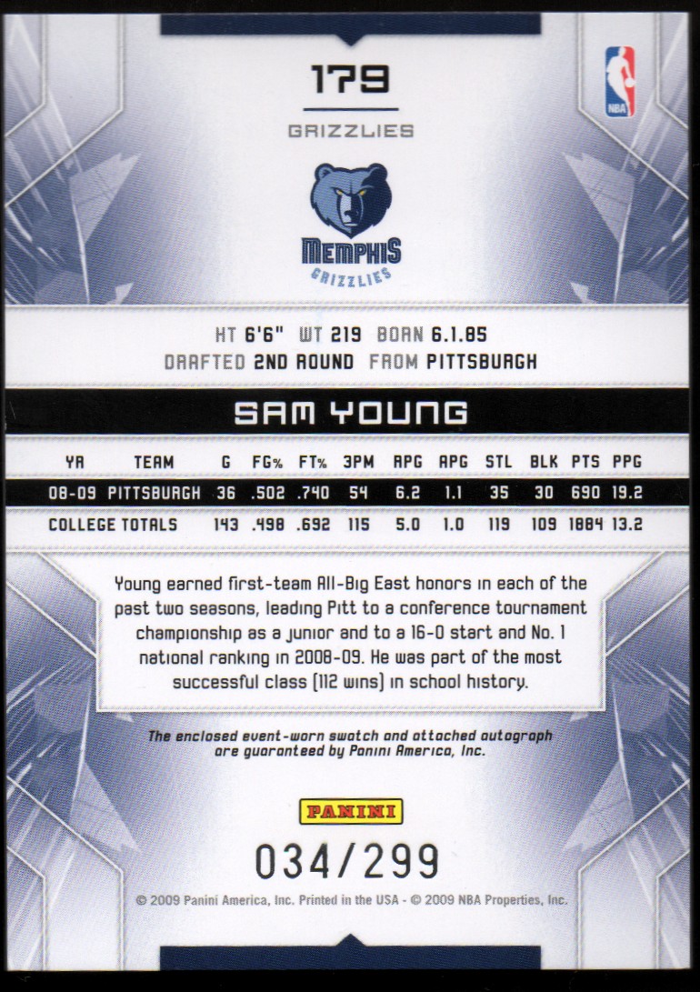 2009-10 Limited #179 Sam Young JSY AU RC back image