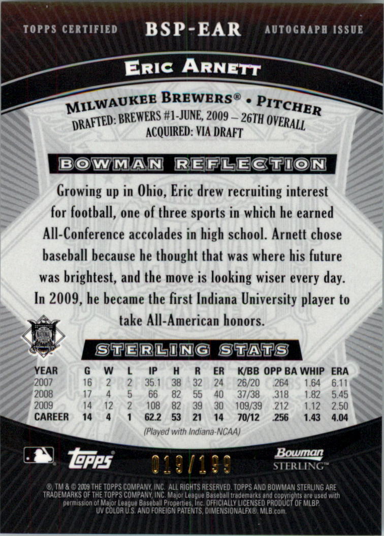2009 Bowman Sterling Prospects Refractors #EA Eric Arnett AU back image
