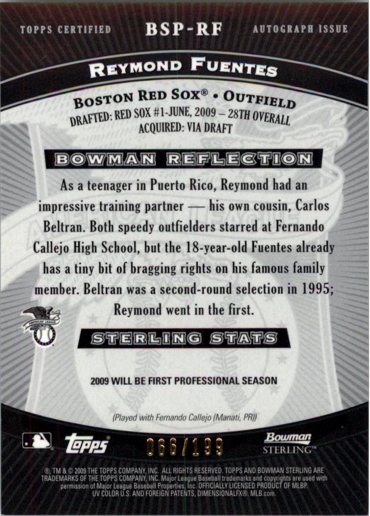 2009 Bowman Sterling Prospects Refractors #RF Reymond Fuentes AU back image