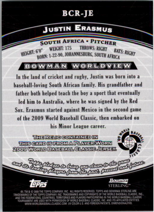 2009 Bowman Sterling WBC Relics #JE Justin Erasmus back image