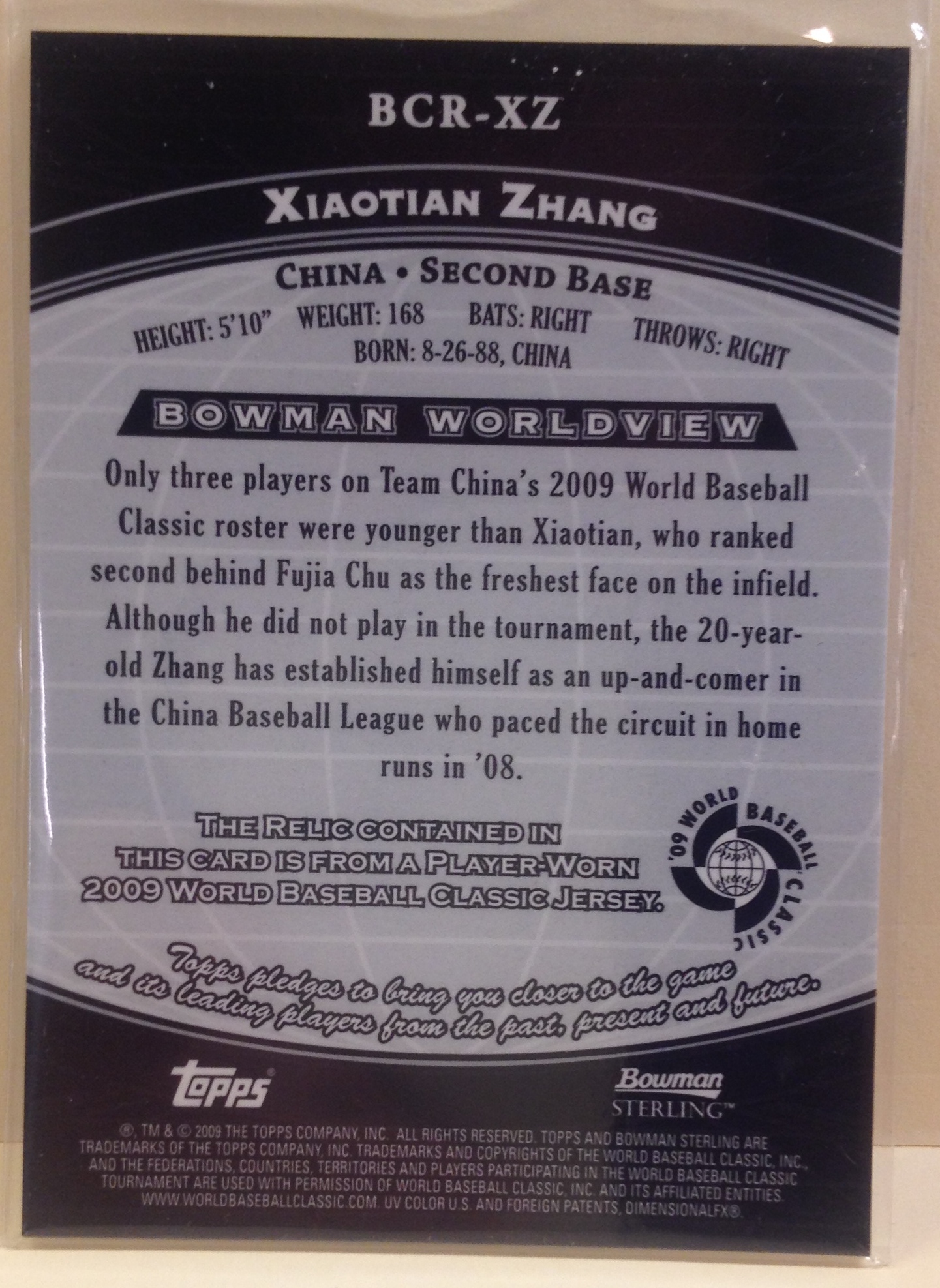 2009 Bowman Sterling WBC Relics #XZ Xiaotian Zhang back image