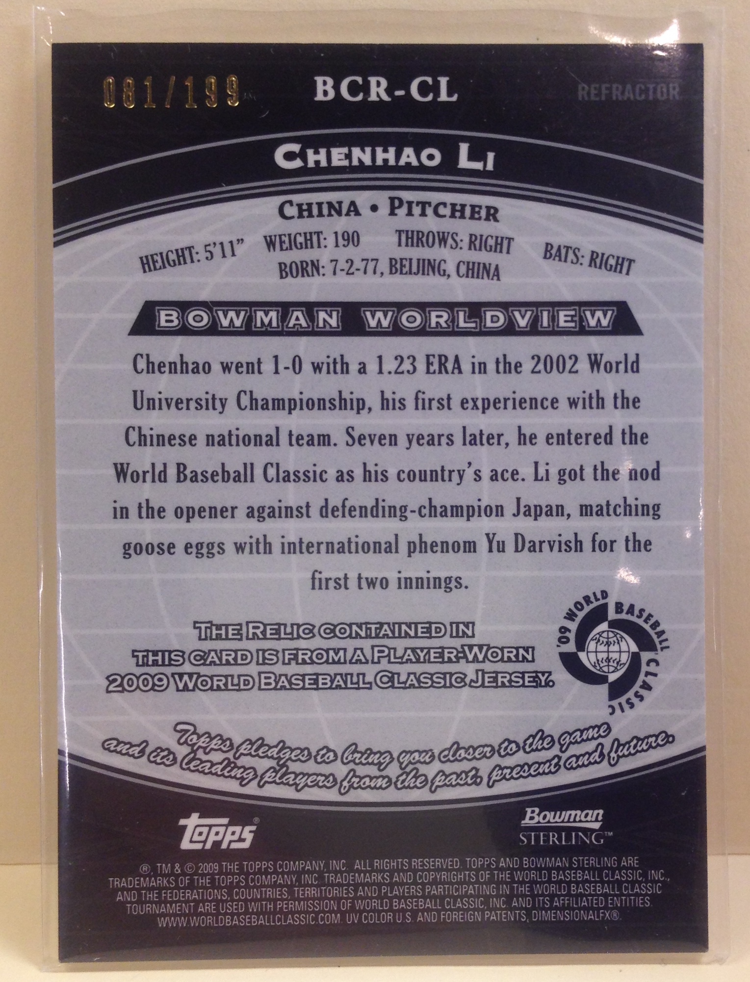 2009 Bowman Sterling WBC Relics Refractors #CL Chenhao Li back image