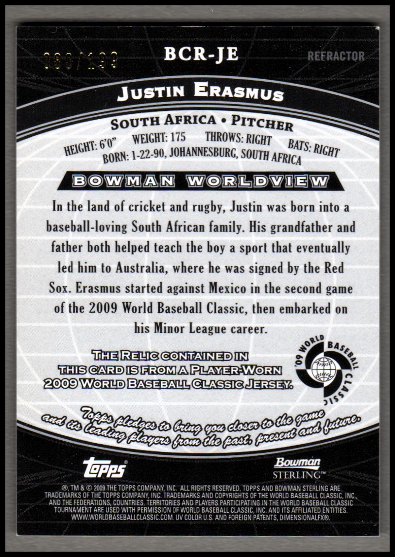 2009 Bowman Sterling WBC Relics Refractors #JE Justin Erasmus back image