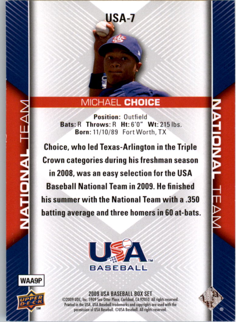 2009-10 USA Baseball #USA7 Michael Choice back image