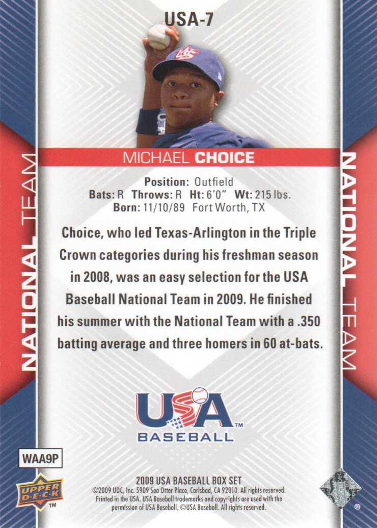 2009-10 USA Baseball #USA7 Michael Choice back image