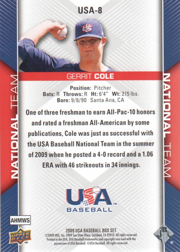 2009-10 USA Baseball #USA8 Gerrit Cole back image