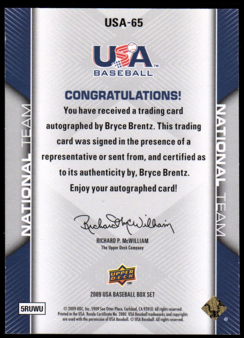 2009-10 USA Baseball #USA65 Bryce Brentz AU back image