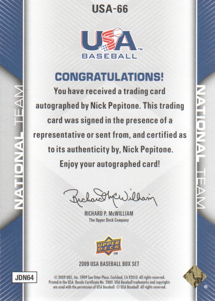 2009-10 USA Baseball #USA66 Nick Pepitone AU back image