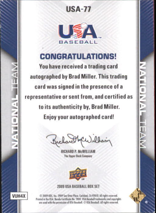 2009-10 USA Baseball #USA77 Brad Miller AU back image