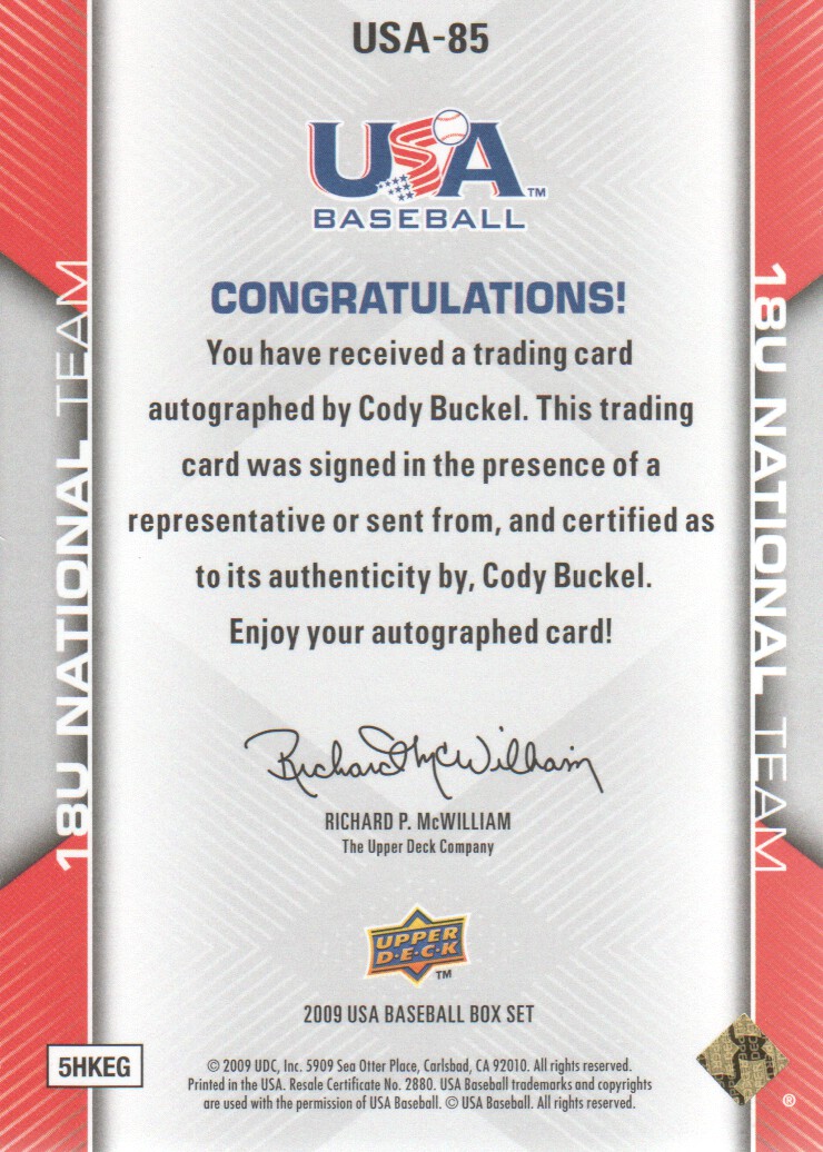2009-10 USA Baseball #USA85 Cody Buckel AU back image